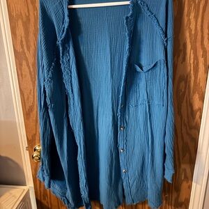 Blue Textured Button-Front Swim Coverup, Large